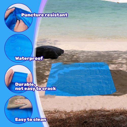 Roucerlin 2 Pack Pocket Beach Blanket with Bag, 59'' x 55'' (2-3 Adults) Beach Mat Sand Free Waterproof, Lightweight Outdoor Picnic Blankets, Packable Camping Blanket Tarp for Hiking Travel (Blue)