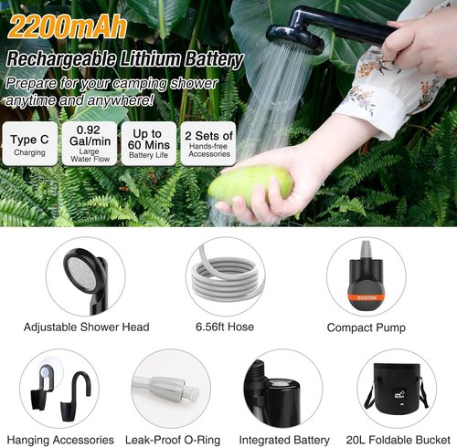Portable Shower Camping Shower, Outdoor Camp Shower Pump with 5 Gallons Collapsible Bucket, Rechargeable Shower Battery Powered Handheld Shower Head kit for Camping, Beach Washing, Pet Cleaning