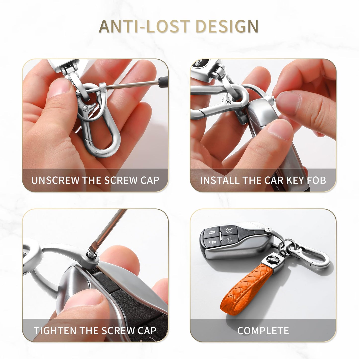 Gkeygo Carabiner Keychain, Universal Heavy Duty Woven Handmade Leather Key Chain, Car Fob Key Keychains with 360 Degree Rotatable Snap Swivel and Anti-Lost D-Ring for Men and Women, Silver - Orange