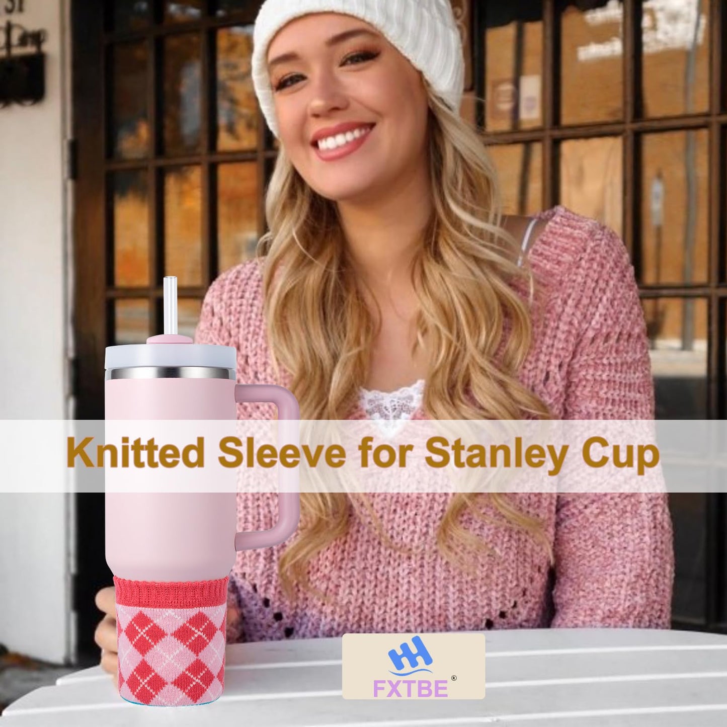 FXTBE Knitted Sleeve for Christmas Stanley Cup Accessories, Knitting Boot Bottom for Stanley Quencher 40 oz 30oz 20 oz Sleeves for Water Bottle Christmas Accessory Set, Red Green Pink
