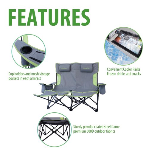 Reclining Double Camping Chair,Adjustable Backrest Two Person Beach Chairs with Foot Rest,Folding Camping Loveseat,Support 600lbs,Lounge Chair Outdoor,Office,Removable Headrests,Cooler Bag,Cup Holder