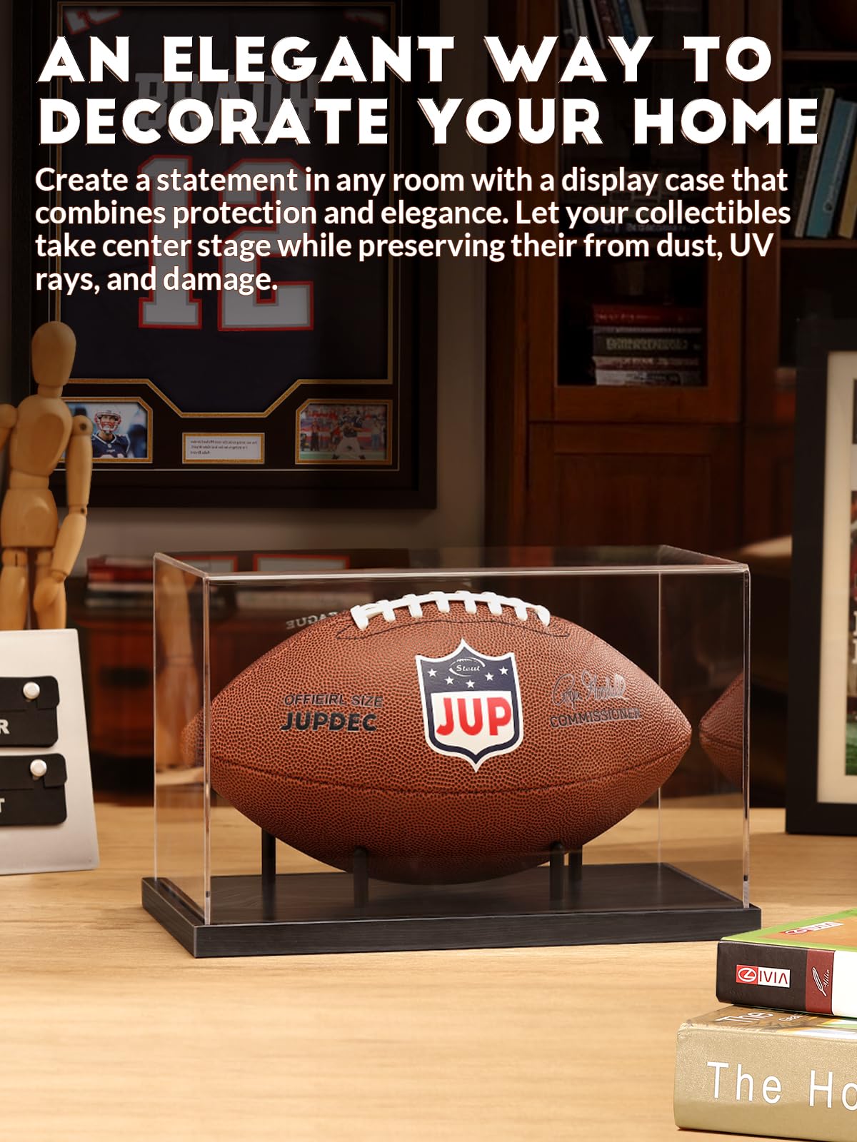 JupDec Football Display Case Full Size, Acrylic Clear Box with Wood Stand, UV Protected Memorabilia Holder, for Football Fans & Collectors, Sports Collectibles, No Assembly Required, Black