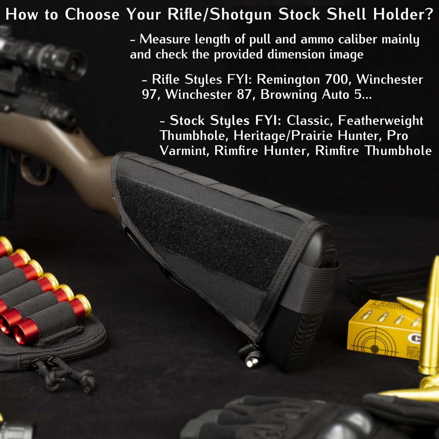 Aprikostein Buttstock Shotgun Shell Holder for Ammo 12 Gauge 20Ga 30-06 30-30 45-70 7.62 410 Left Right Handed Ambidextrous Rifle Stock Pouch Cheek Rest Shotshell Carrier