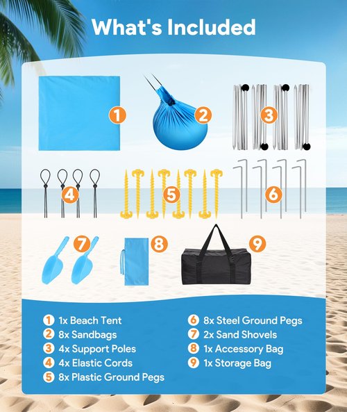 Raynesys Beach Tent Sun Shelter, 10 x 10 FT Beach Canopy Tent Sun Shade, UPF50+ Tents Canopy with 8 Sandbags & 4 Stability Poles, Outdoor Tents for Camping Fishing, Sky Blue