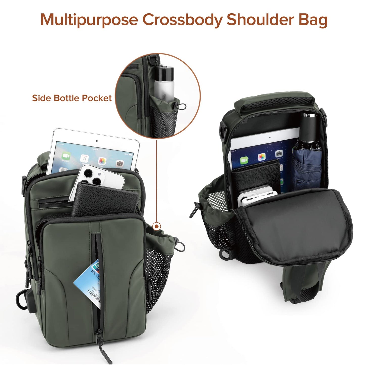 Anti Theft Crossbody Backpack Shoulder Sling Bag for Men Women Lightweight One Strap Motorcycle Messenger Bag Daypack for Cycling Hiking Walking Outdoor Sports Travel with USB Charger Port Army Green