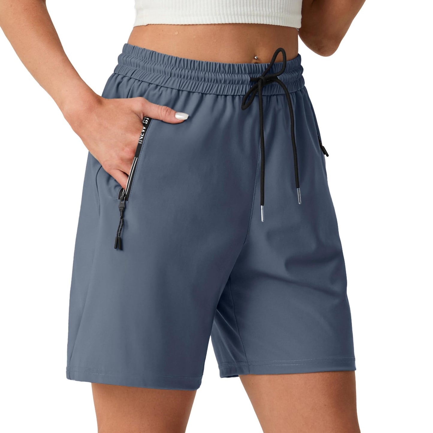 IWOLEENCE Women's 7" Athletic Shorts Quick Dry Stretch Lightweight Hiking Summer Long Shorts for Ladies Cargo with 2 Zipper Pockets Navy Blue, L
