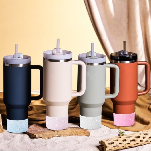 VZZNN 4-Pack Protective Glitter Silicone Boot for Stanley Quencher 20-40 oz and Hydroflask 12-24 oz,Compatible with All Water Bottles with Bottom Width of 2.85-3.56in（Blue Pink Purple Silver）