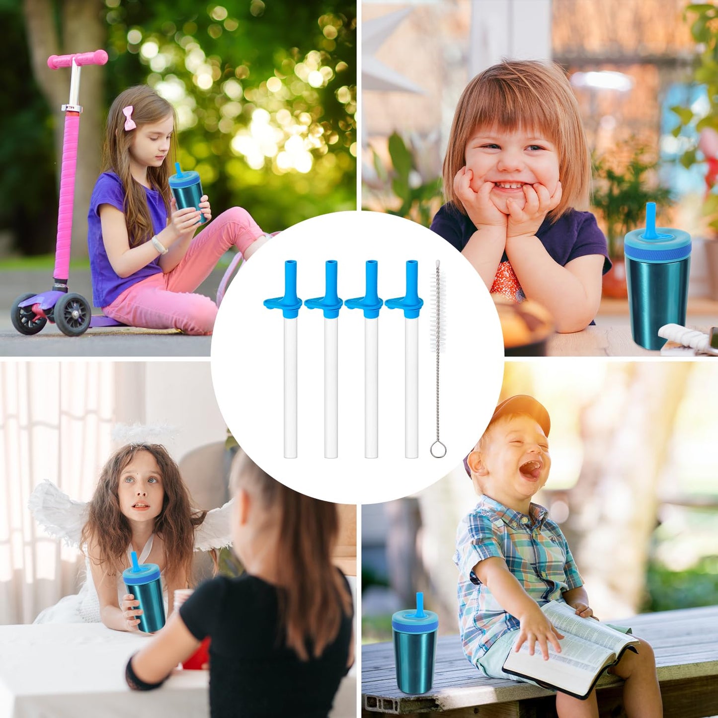 4pcs Replacement Straws with Bite Valve for Zak Designs Kelso 15 oz, with 1 Cleaning Brush Reusable Kids Cup Replacement Straws Accessory for Zak, BPA-Free (Blue)