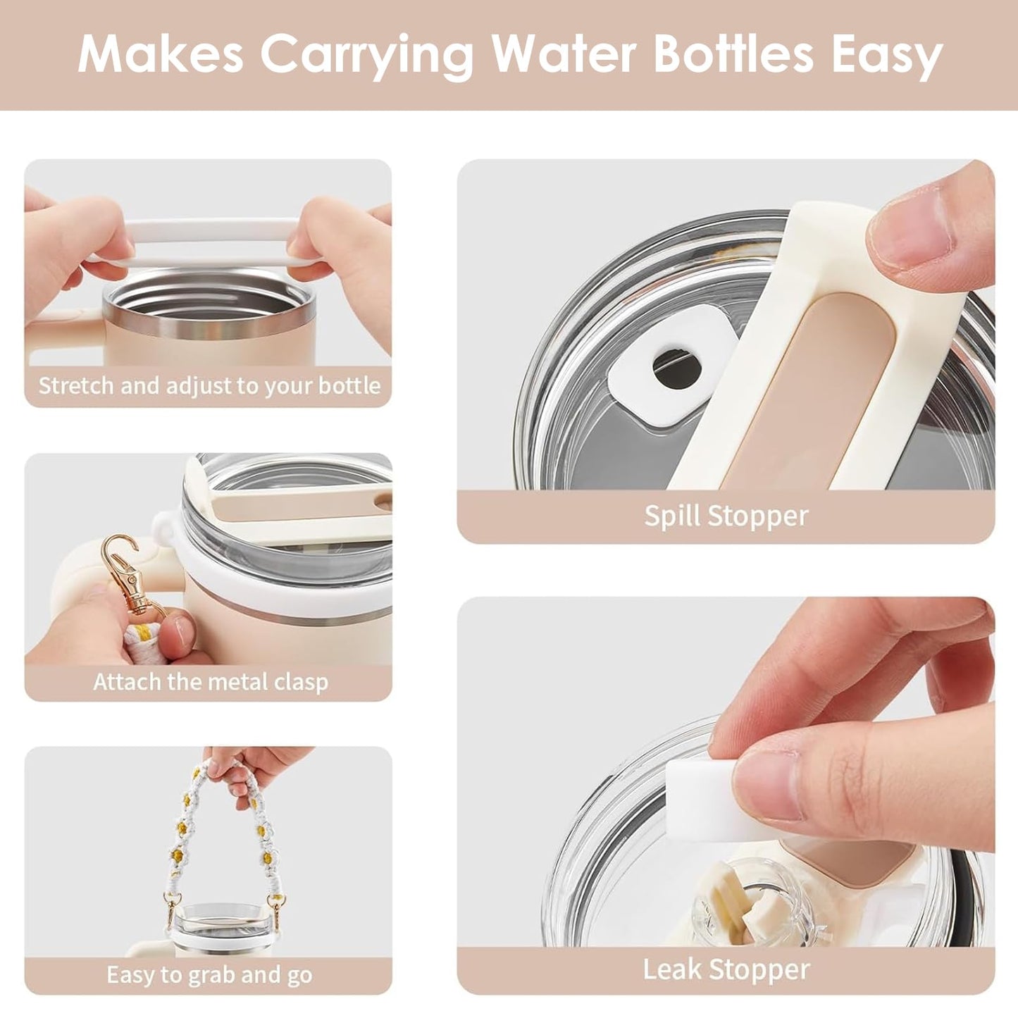 7Pcs Accessories Set for Stanley Cup 40 oz 30 oz, Water Bottle Handle Strap, Siliocne Cup Boot, Flower Straw Cover, Charms for Stanley - Light Pink