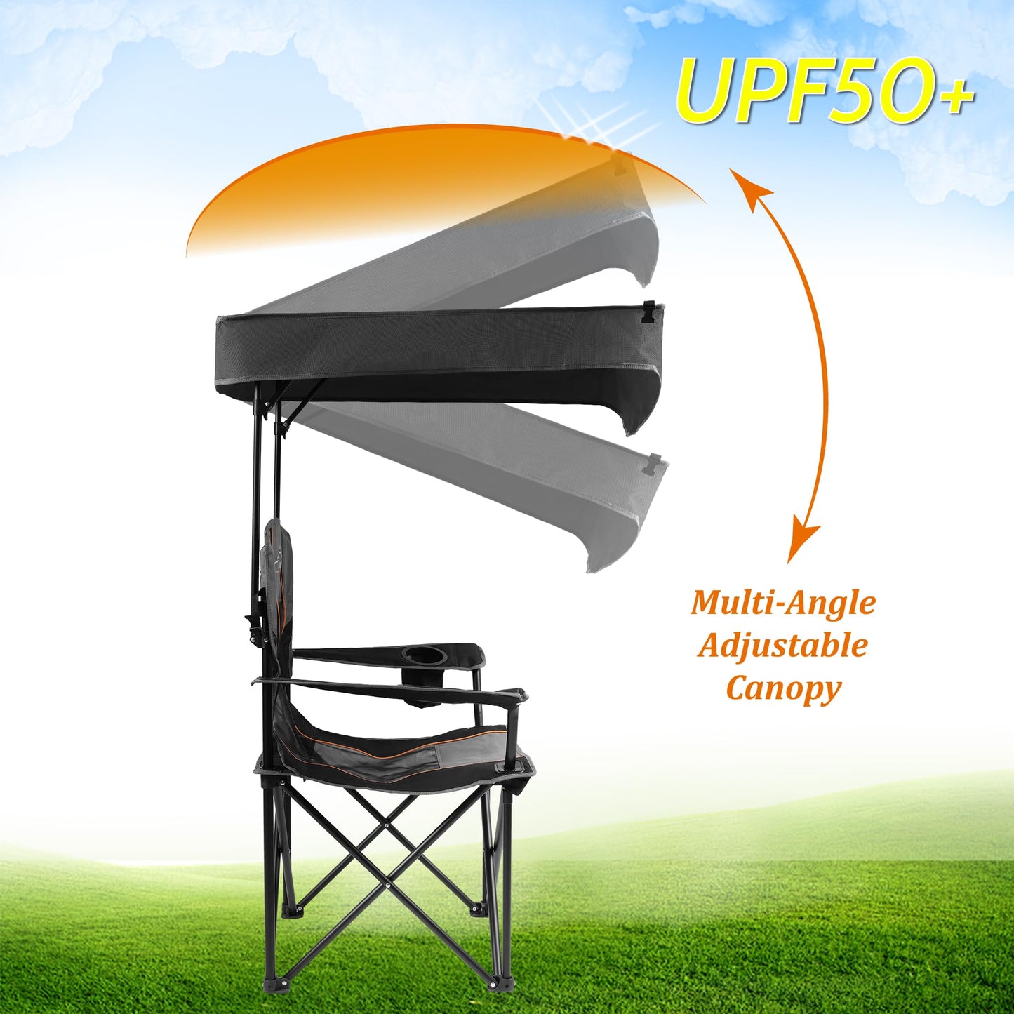FAIR WIND Oversized Camping Lounge Chair with Adjustable Shade Canopy for Outdoor Sports Heavy Duty Quad Fold Chair Arm Chair - Obsidian