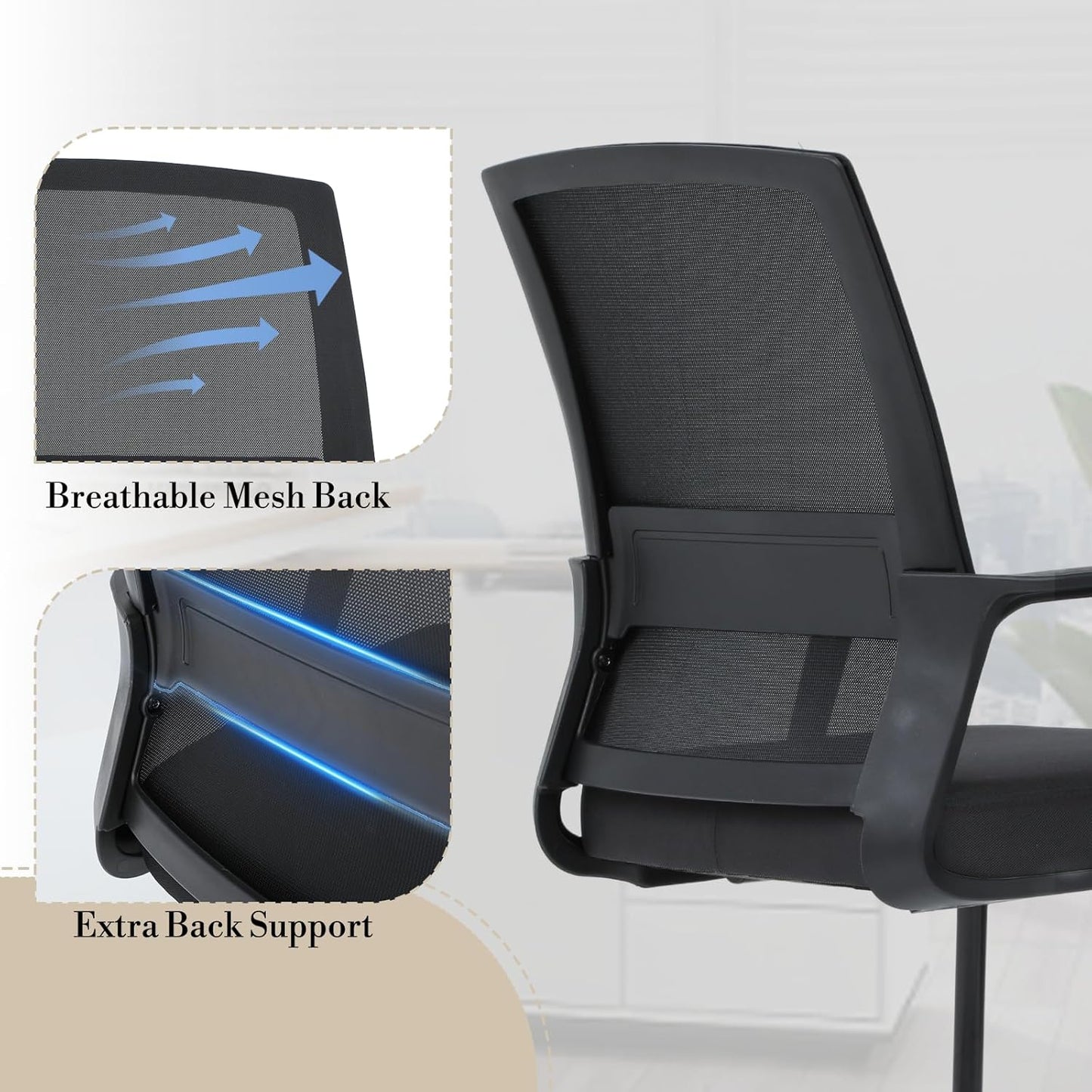 Athena Collection Desk Chairs No Wheels Set of 2, Office Guest Chairs with Sled Base Mesh Back Armrest, Side Reception Armchairs for Reception Conference Waiting Room, Black