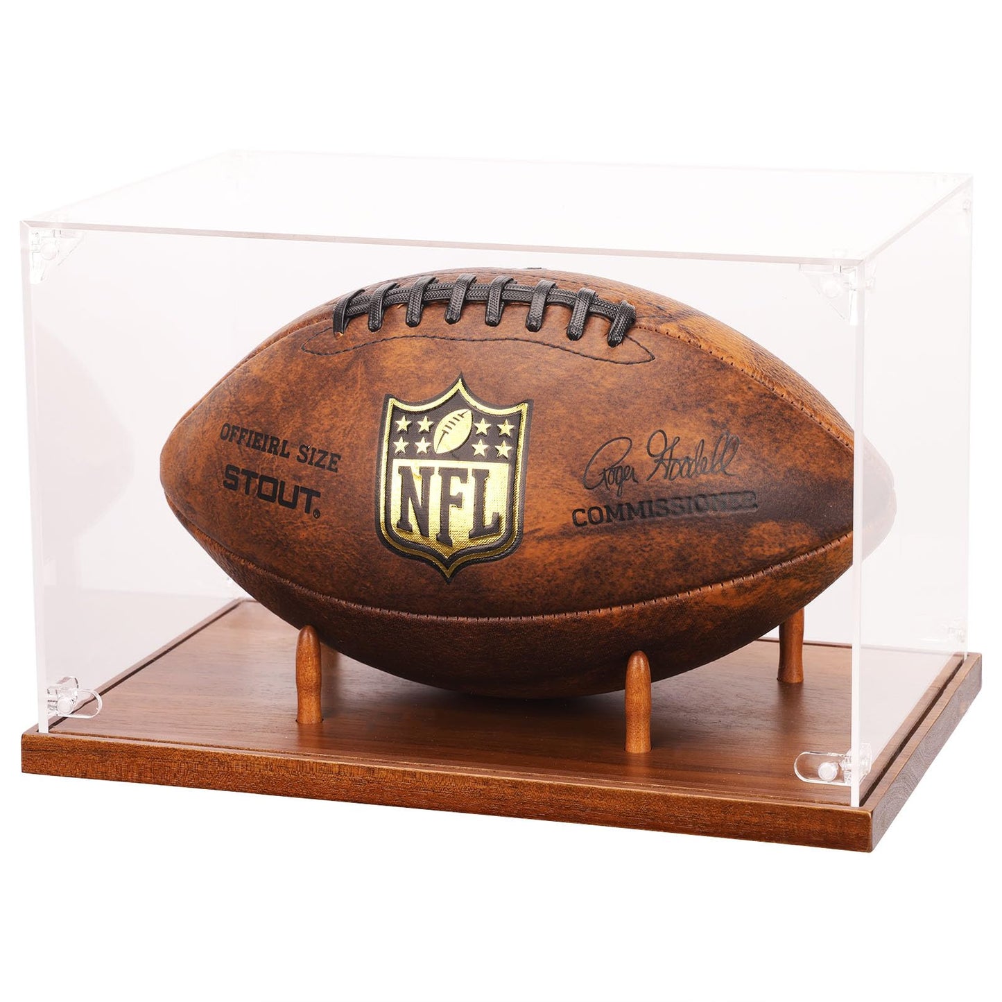 Football Display Case, Clear Acrylic Box with Wood Stand, Full Size Football Cases for Memorabilia & Signed , UV Protection, Dust Proof, Walnut