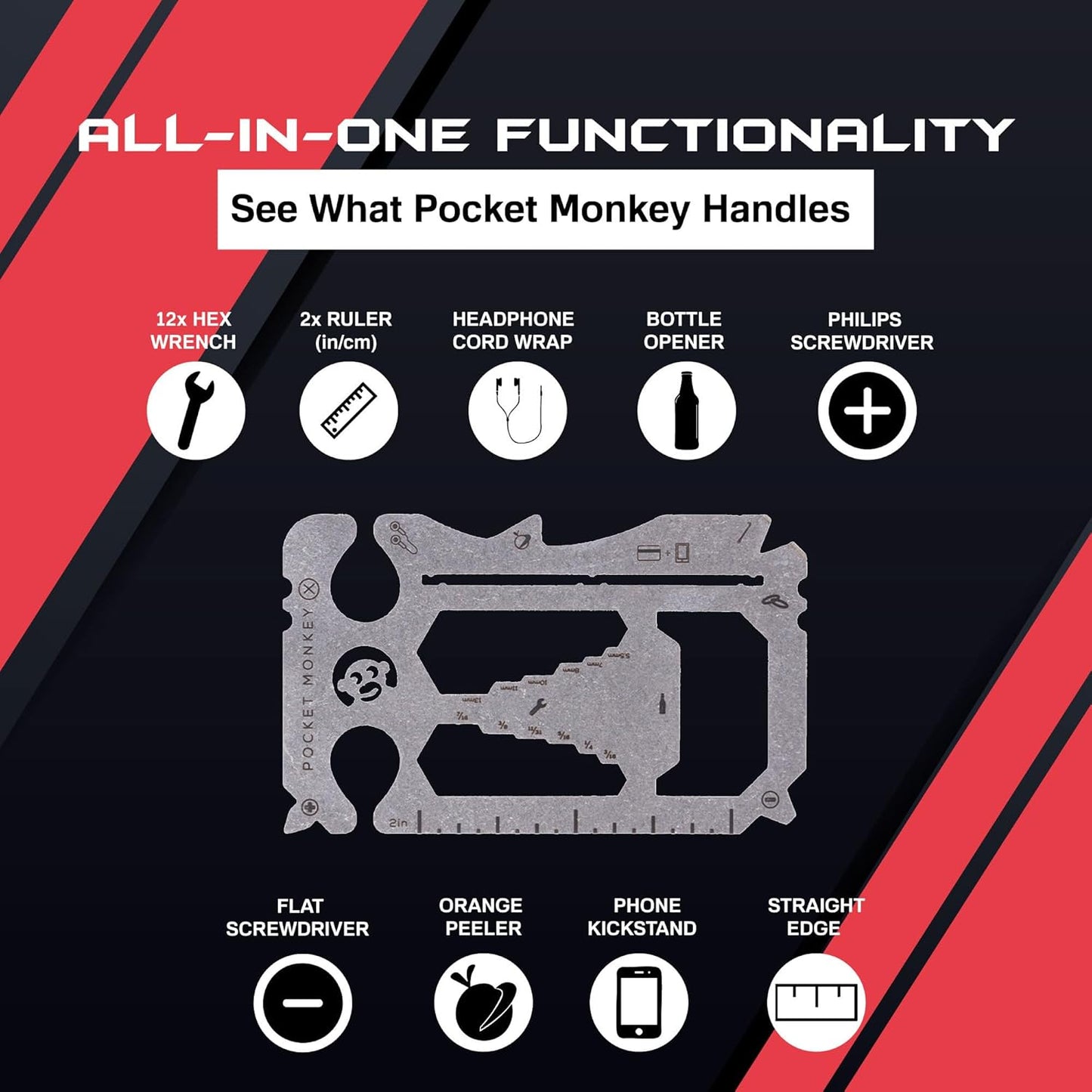 Wallet Multi-Tool, PocketMonkey 12-in-1 Credit Card Tool, Bottle Opener, Stainless Steel, MADE IN USA