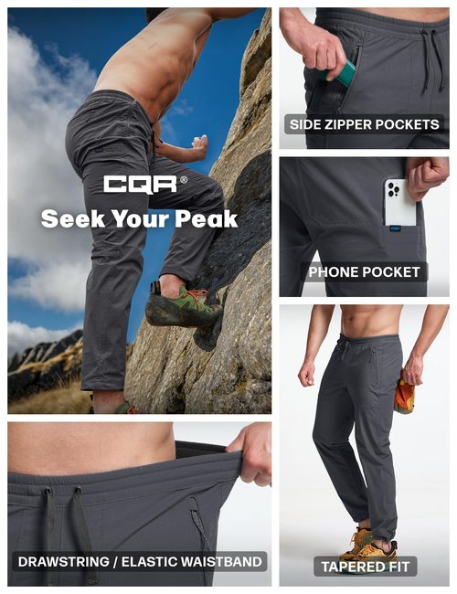 CQR Men's Lightweight Vent Hiking Pants, Water-Resistant & Breathable Sports Outdoor Athletic Pants with Elastic Waist, Ascend Crux Carbon Grey, 32W x 30L