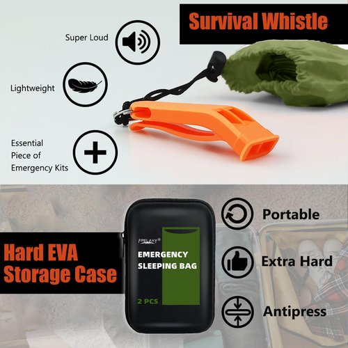 Frelaxy Emergency Sleeping Bag 1-Pack/2-Pack, Extra-Thick Compact Survival Bivy with Whistle, Storage Pouch, and EVA case, Perfect for Survival Kits (Army Green - 2 Pack)