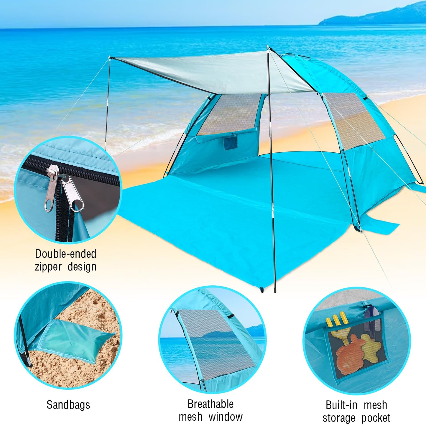 DLUCKY Beach Tent for 1/2-3/4 Person,Anti-UV Portable Sun Shade ShelterUPF 50+,Both Sides Extendable Floor,Extendable Awning,with 2 Ventilating Mesh Windows,Lightweight & Easy Setup.