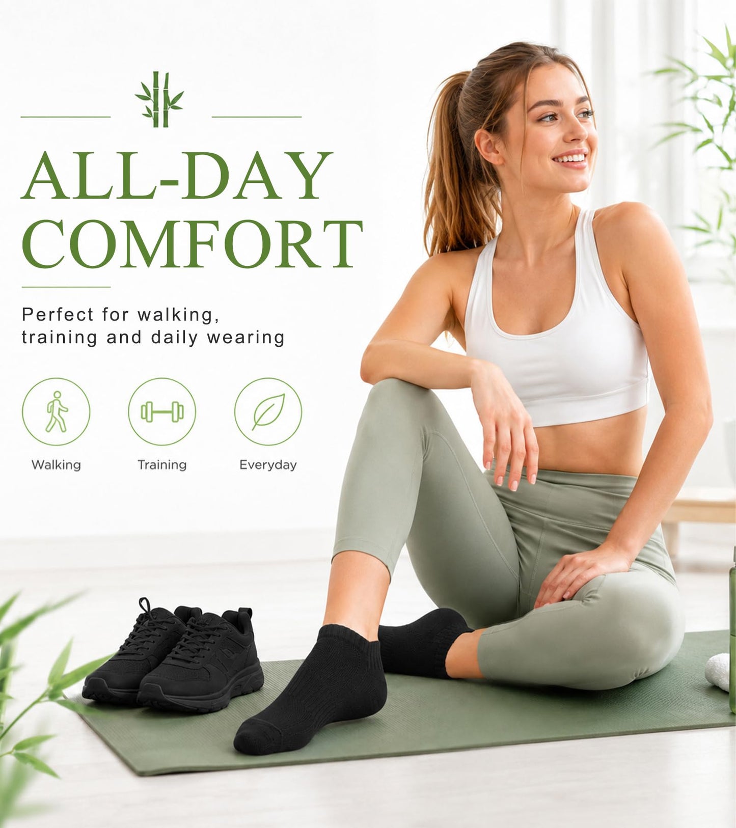 floconssy Ankle Socks for Women, Bamboo Viscose Cushioned Running Socks Low Cut Athletic Short Footies with Heel Tab 5 Pairs