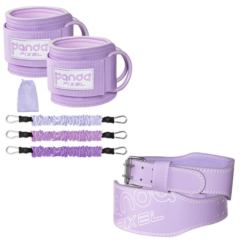 Leather Weight Lifting Belt（purple-m）+Ankle Resistance Bands with Cuffs（purple-10-30 lbs）