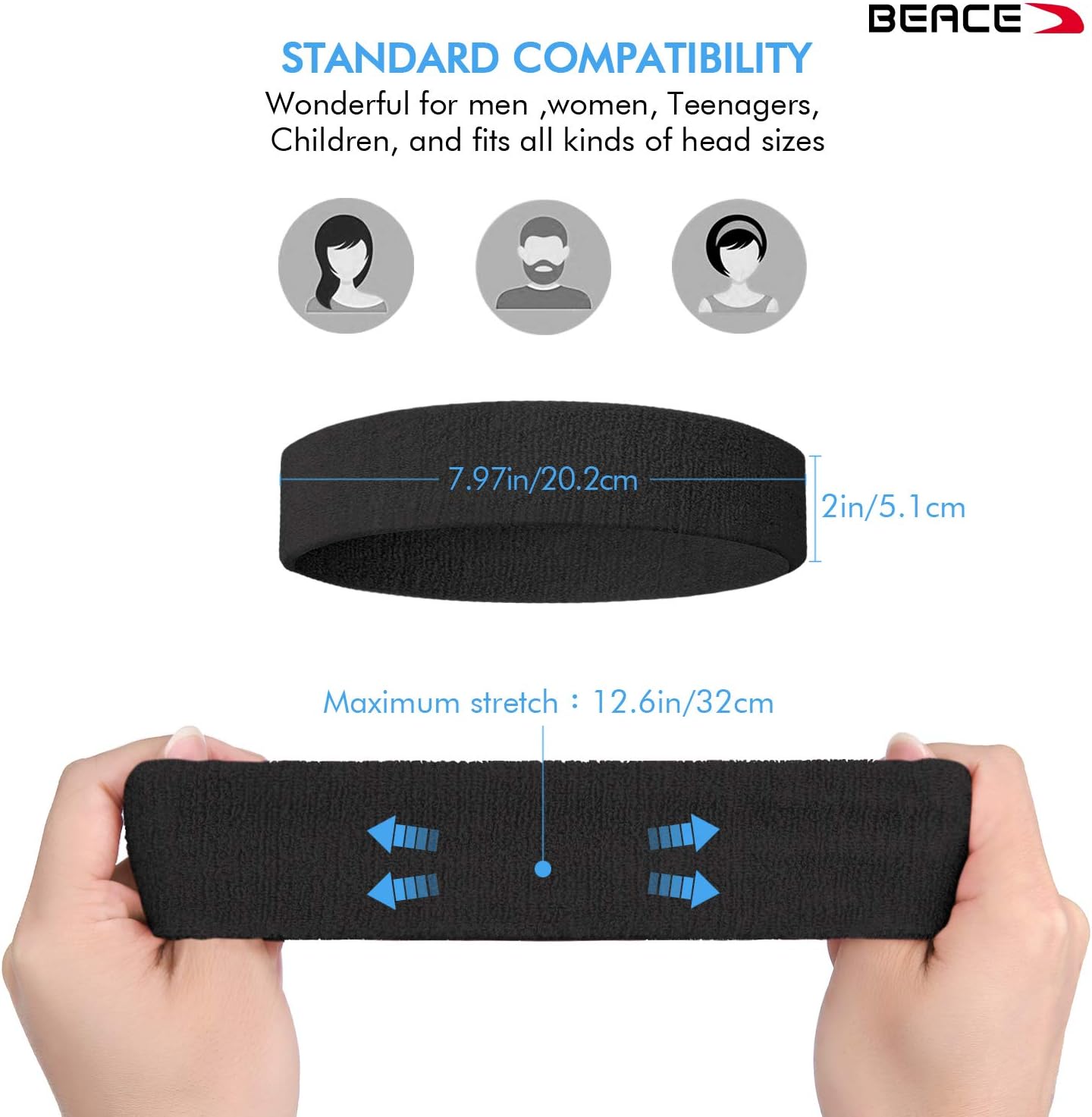 BEACE Sweatbands Sports Headband for Men & Women - 6PCS Moisture Wicking Athletic Cotton Terry Cloth Sweatband for Tennis, Basketball, Running, Gym, Working Out