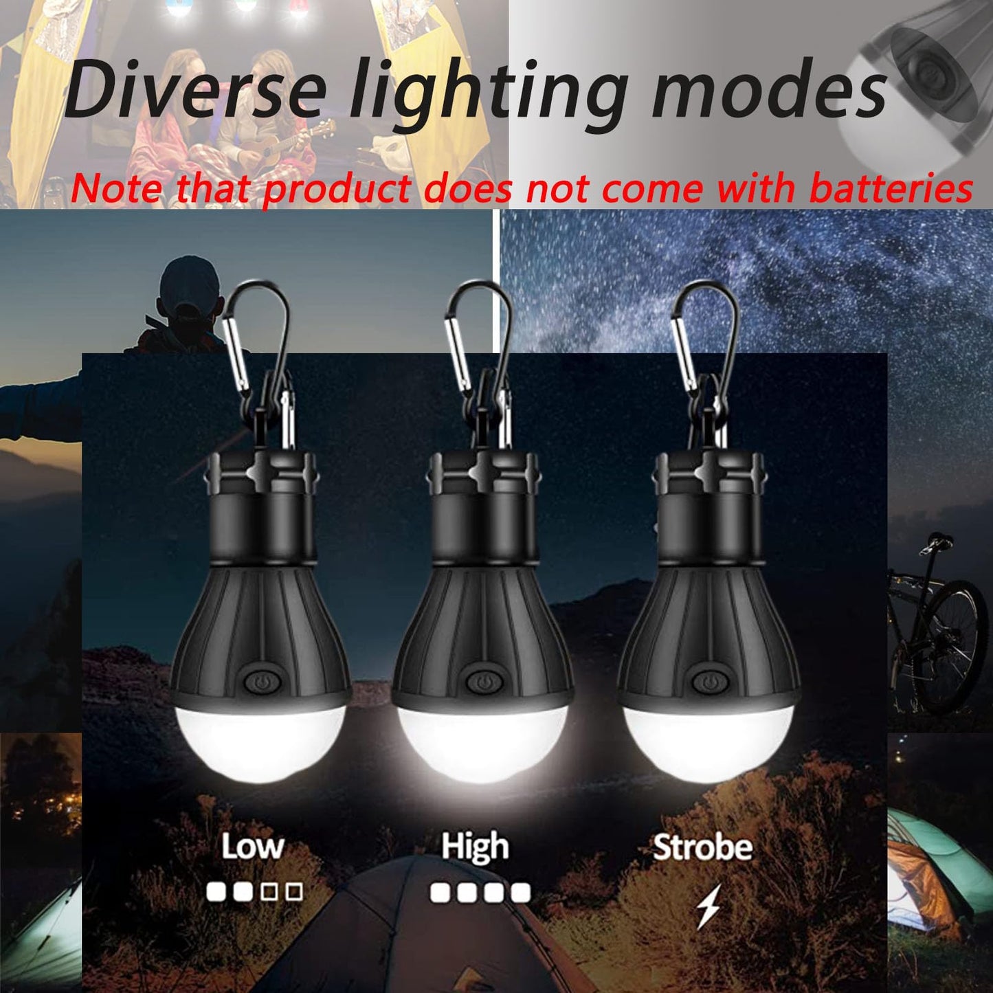 4 Packs LED Camping Lights ,Camping Gear, Camping Tent Lantern Tent Lights Portable Outdoor Waterproof Emergency Light Bulb,Super Bright, for Hiking, Party，Camping, Fishing, Power Failure (Black )