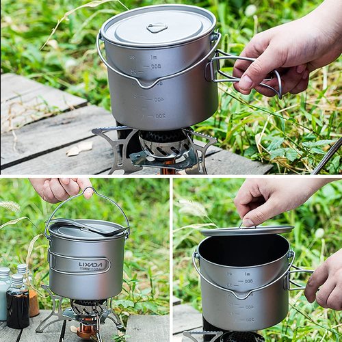 HUIOP Titanium Pot, 750ml/900ml/1100ml Ultralight Titanium Pot Water Mug Cup with Lid and Foldable Handle Outdoor Camping Cooking Picnic
