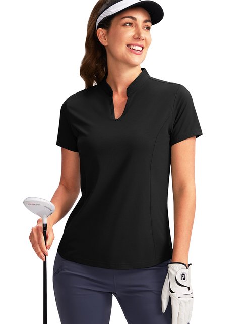 Obla Women's Golf Polo Shirt V-Neck Short Sleeve Collarless Quick Dry Tennis Running T Shirt Golf Tops for Women(Black_M)