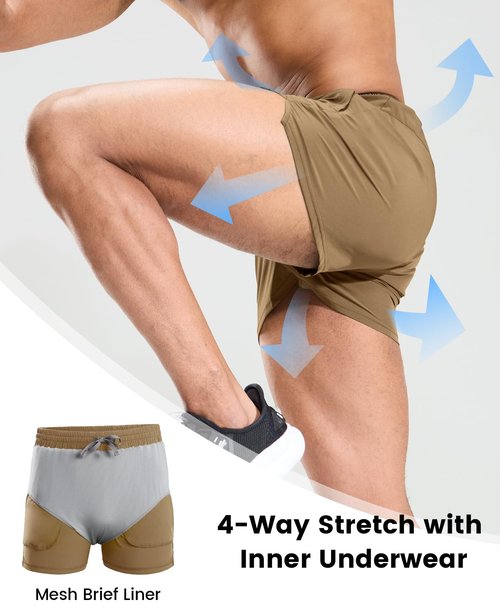 Nepest Men's 3" Running Shorts with Zipper Pocket for Athletic Workout Gym,Lightweight Liner Active Shorts Khaki S