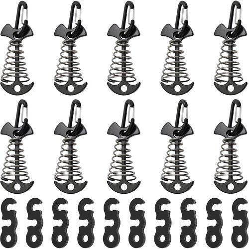 Zreneyfex 10 Pcs Deck Anchor Pegs Tent Stakes Large Size 55mm, Tent Pegs Anchors Aluminum Alloy Fishbone Spring Hooks Tent Stakes with Spring Buckle, Portable Wind Rope Anchor, Black
