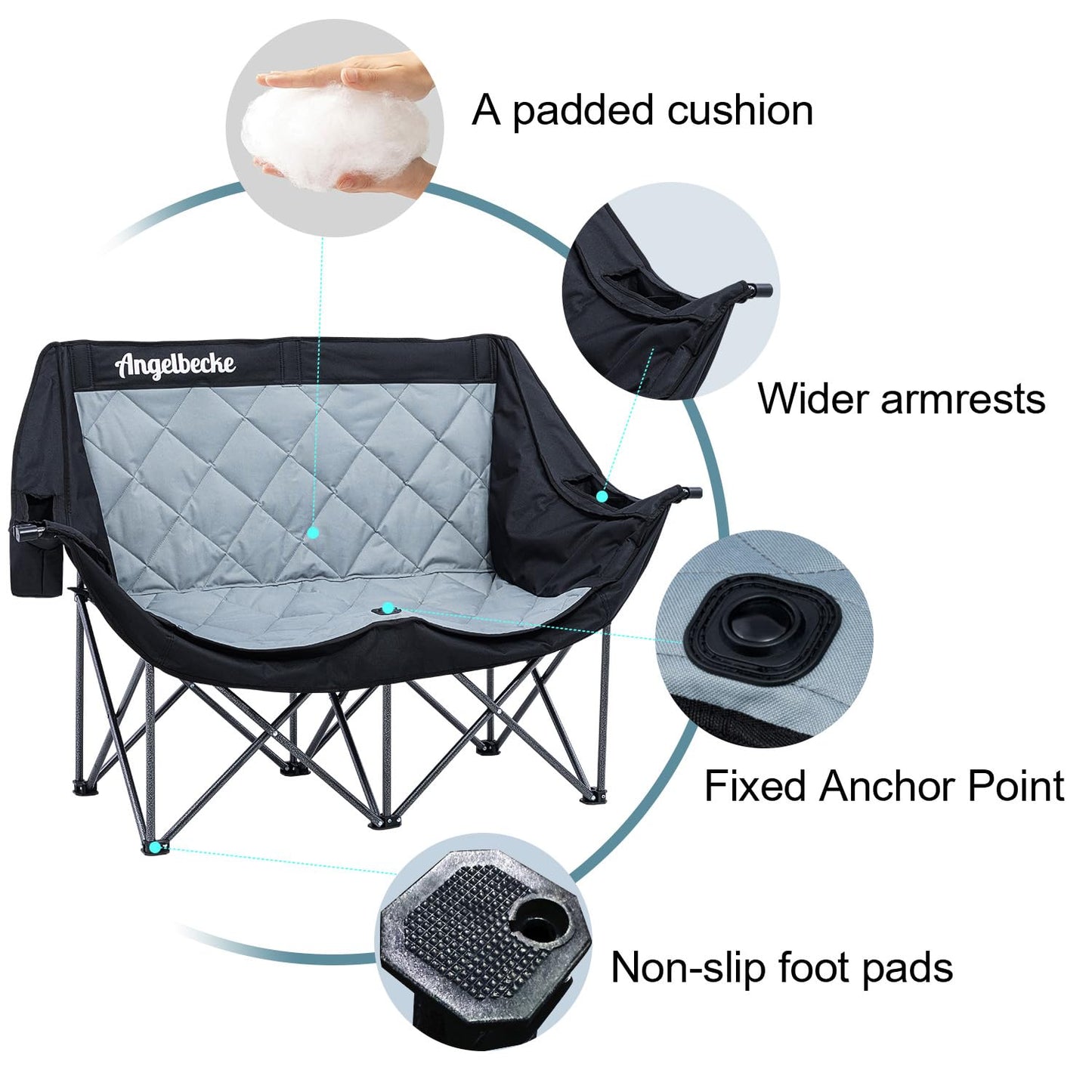 ANGELBECKE Double Camping Chair Oversized Padded Camping Sofa for 2 Person Heavy Duty Outdoor Folding Couch Portable Lawn Chair with Dual Cup Holders & Wine Glass Holders Weight Bearing 660LBS