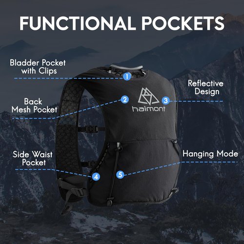 Haimont Running Hydration Vest with 2 TPU Soft Flasks, 5L Lightweight Runner Vest Pack for Women Men, Trail Running, M, Black