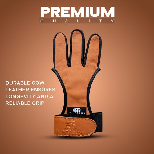 Hunt & Seek Cow Leather Thick Three Finger Archery Shooting Glove for Recurve & Compound Bow – Finger Tab Accessory (Windsor Tan, Medium)