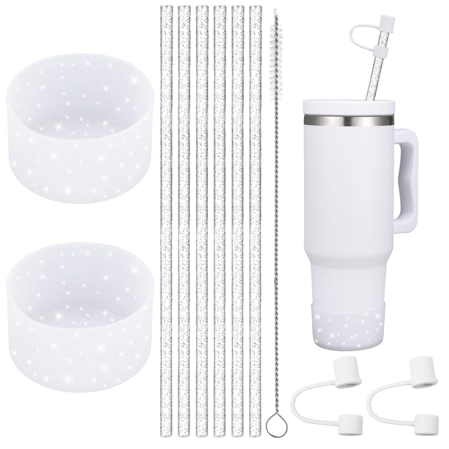 FoldTier 11 Pcs Glitter Silicone Boot Sleeve Compatible with Stanley 40 oz 30 oz Tumbler, 2 Glitter Silicone Boot Sleeve, 6 Plastic Glitter Straw, 2 Straw Cover Cap, 1 Cleaning Brush(White)