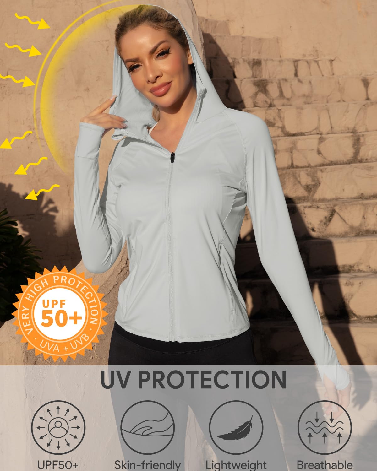 We1Fit Women's Athletic Hoodie Sun Protection Jacket Long Sleeve Sun Shirts Grey
