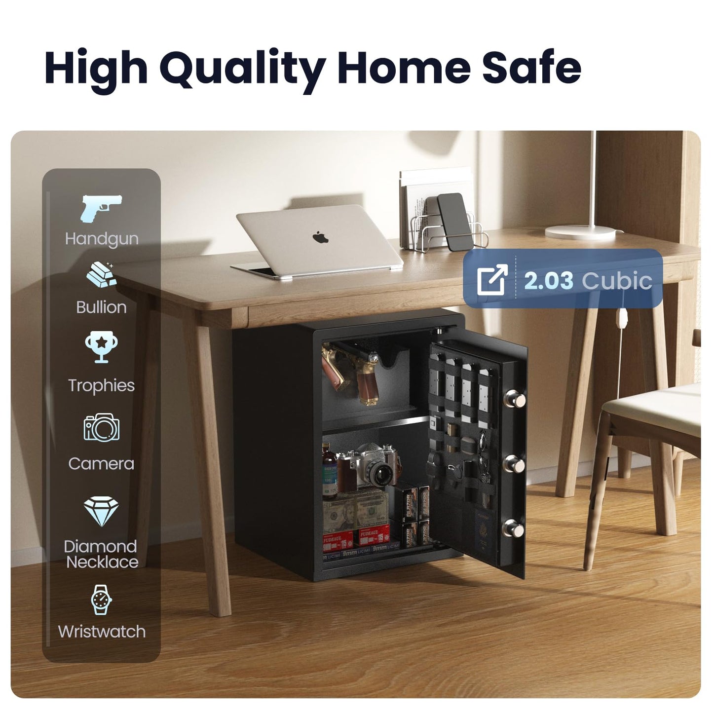 Grimtron Gun Safe for Handgun - (2.03 cu. ft.) Include 【Gun Organizer & Gun Rack】 Silent Mode, Backlit Keypad, and LED Light Safe Box Anti-Rust, Anti-Theft, Anti-Pry
