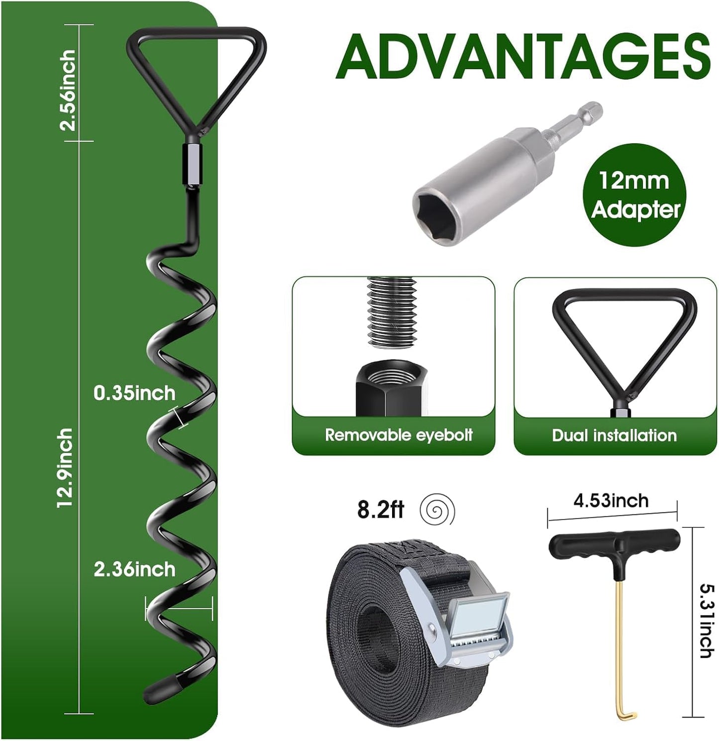 Trampoline Stakes Ground Anchors Screw in, Trampoline Anchors with Strong Straps, Spiral Earth Swing Set Anchor Heavy Duty for Trampolines(Black-8Pack)