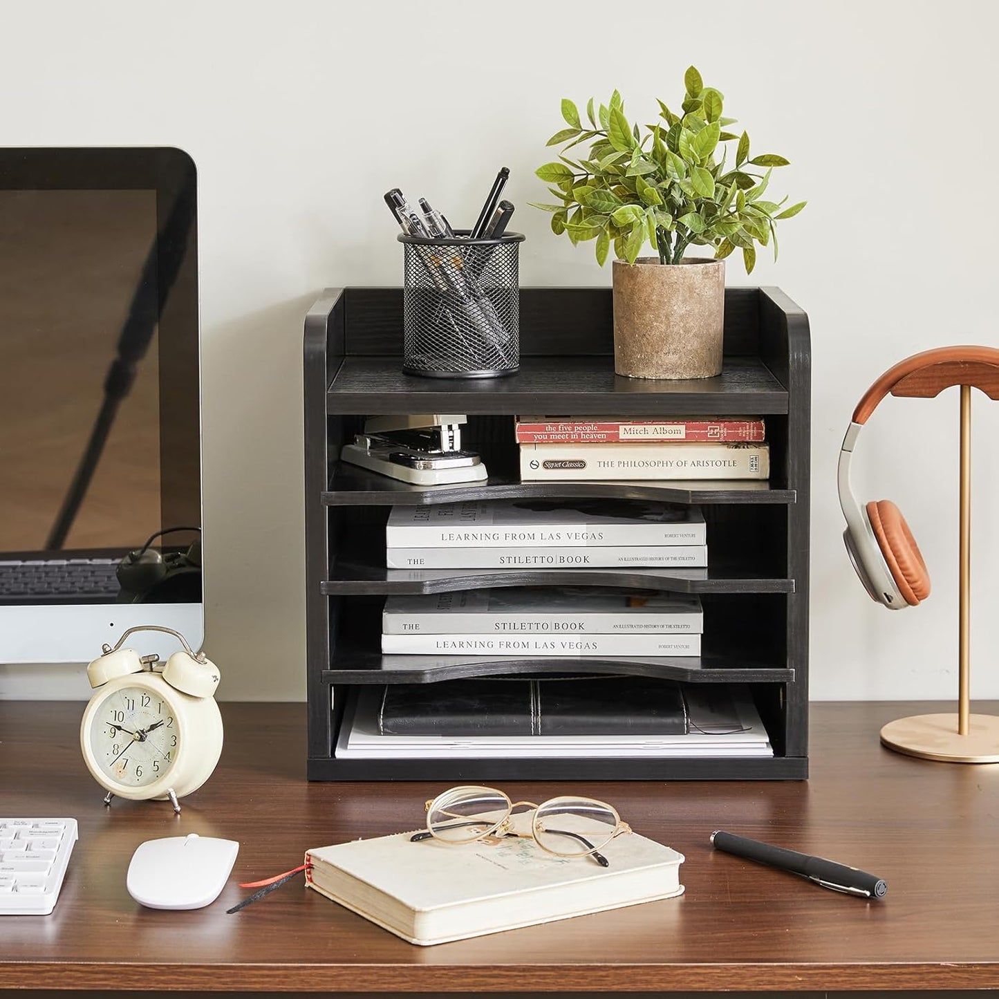YMYNY Desktop File Organizer with Handle, Document Letter Mail Tray Sorter with 3 Adjustable Shelves, 5 Tiers Paper Holder for School Home Office Desk, Rustic Brown,13.4 * 12.4 * 9.06" UHBC006H