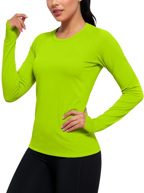 URBAN BUCK Thumb Hole Long Sleeve Shirt for Women - Neon Athletic Workout Top - Lightweight Yoga Training Shirt - Maggie Neon Green Fitted Exercise Activewear for Running & Gym (XL)
