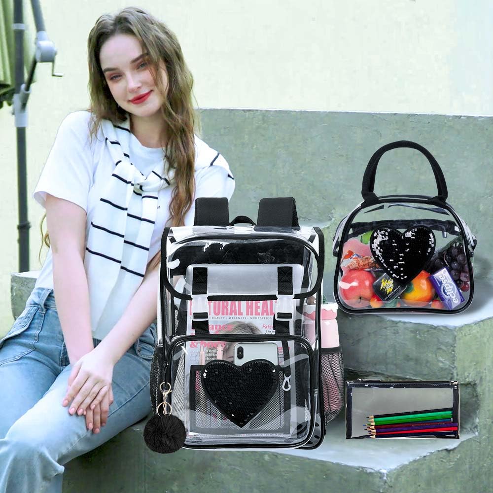 FTJCF 3PSC Clear Backpack, Heavy Duty Transparent Bookbag for Girls Women, Stadium Approved See Through Backpack Set (Black Sequins)