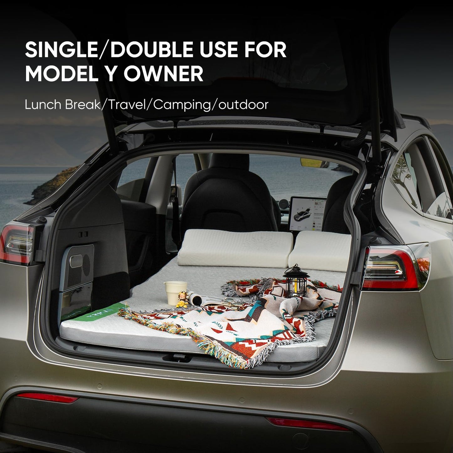 AKwing Tesla Model Y Camping Mattress, Slow-Rebound Memory Foam Mattress for Tesla Model Y, Mid-Large SUV Sleeping Pad with Single/Double Mode, 4 Seasons Use