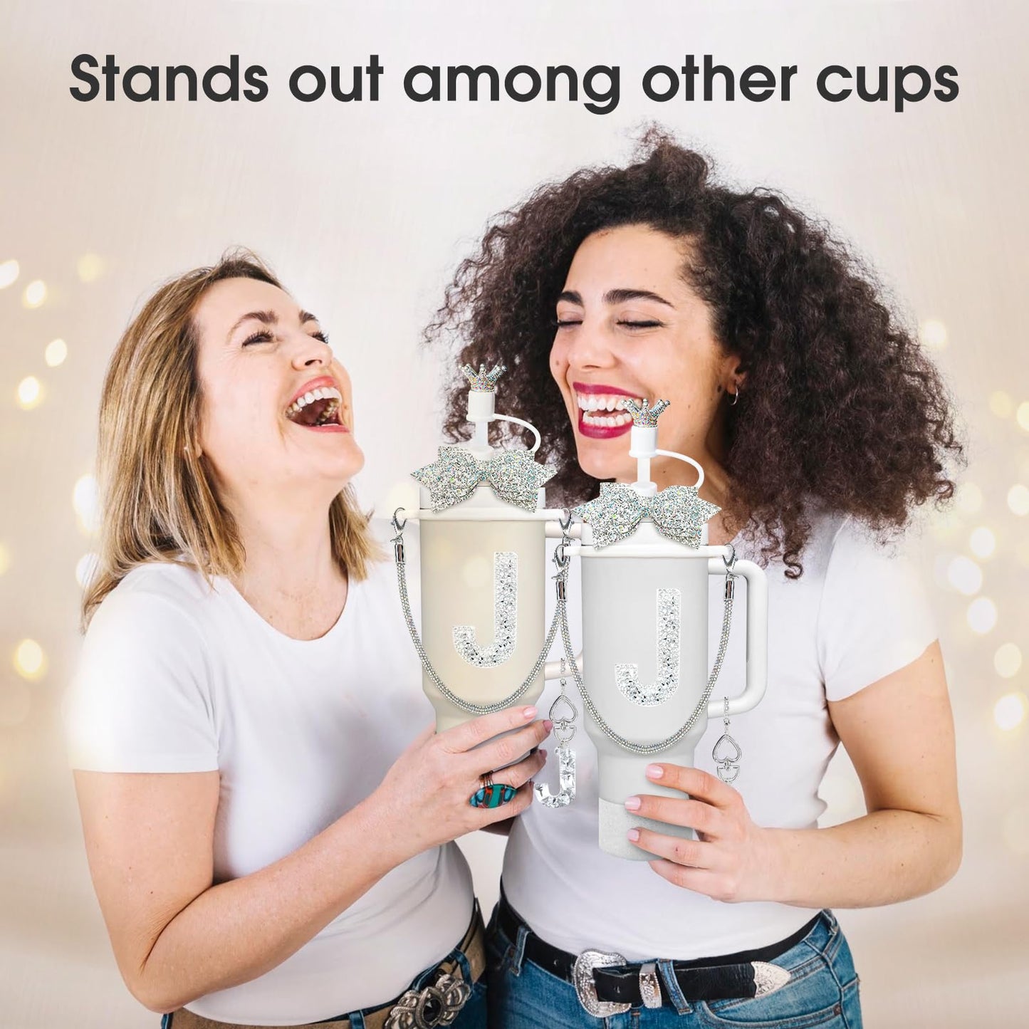 8Pcs Silvery Stanley Cup Accessories Set for Stanley Cup 30&40 Oz Tumbler - Silicone Straw Cover Cap and Boot, Handle Letter Charm, Bow Decoration Initial Sticker, Diamond Water Bottle Handle Strap(J)