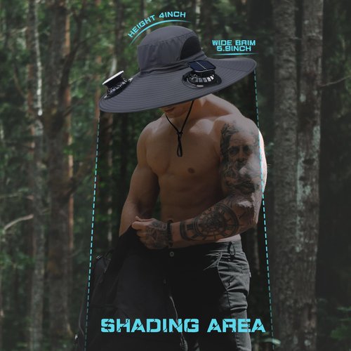 Berlune Men Sun Hat with 2 Solar Fan Fishing Wide Brim Sun Hat for Beach Outdoor Summer Camping, USB & Solar Powered(Dark Gray,Simple)
