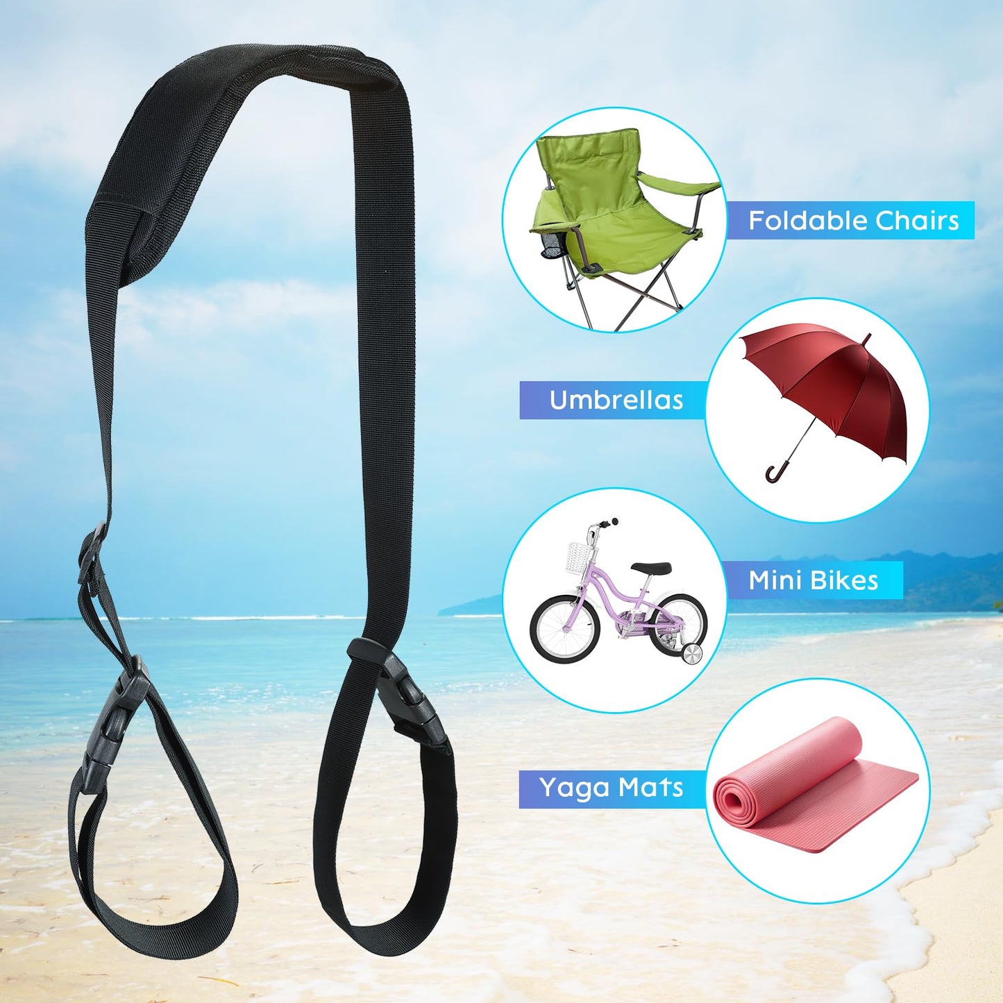 AMGSH Carrying Strap for Folding Chairs, Adjustable Shoulder Straps Beach Chair Straps for Carrying Ideal for Yoga Mats, Camping and Outdoor Activities (Black, 1 Pcs)