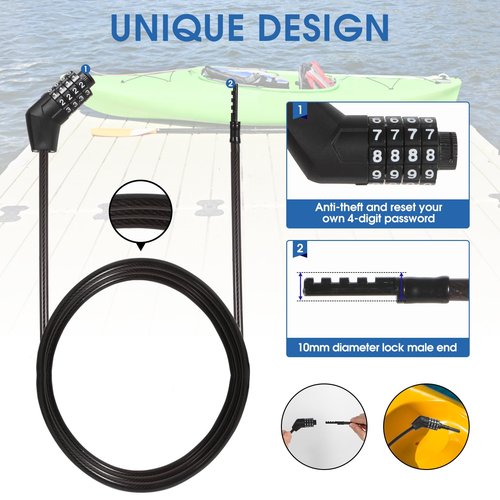 MAGCHIC Cable Lock, 4-Digit Resettable Combination Bicycle Cable Lock, 6 ft Anti Theft Weatherproof Coiled Cable Locks for Kayak, Canoe, Motorboat, Scooter, Bikes, Outdoor and Camping Equipment