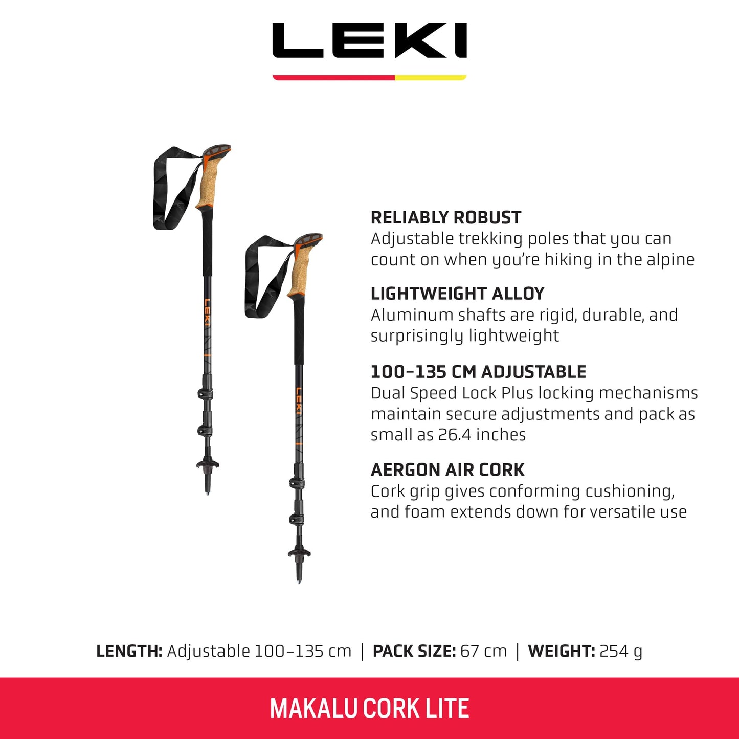 LEKI Makalu Cork Lite Aluminum Adjustable Lightweight Walking Poles for Trekking & Hiking - Orange-Black-Anthracite - 100-135 cm