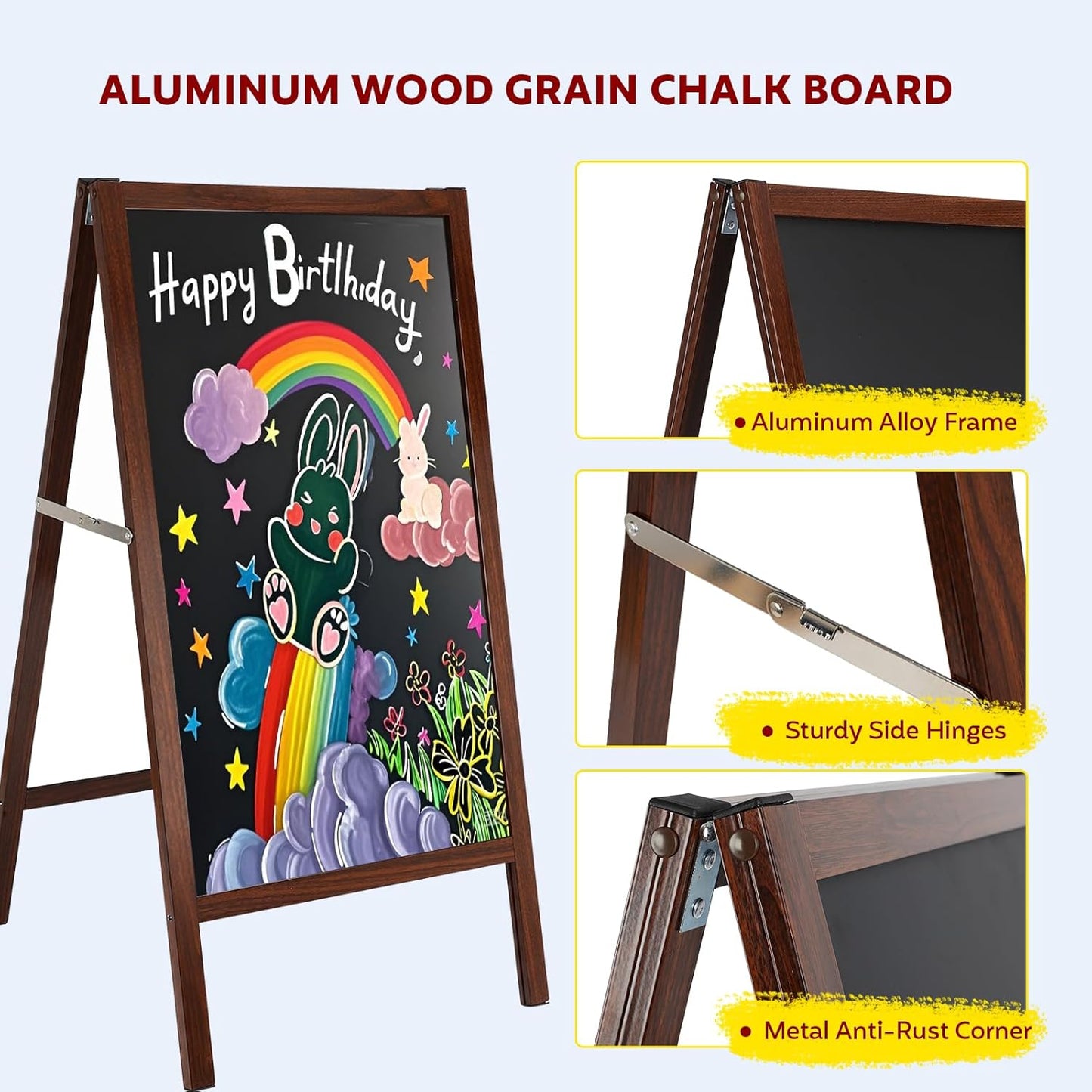 A Frame Sign Chalk Board, Aluminum Alloy Wood Grain Chalkboard, Double Sided Magnetic Blackboard with Liquid Chalk Markers, Suitable for Pubs/Restaurants/Coffee Shops/Birthdays/Parties/Wedding