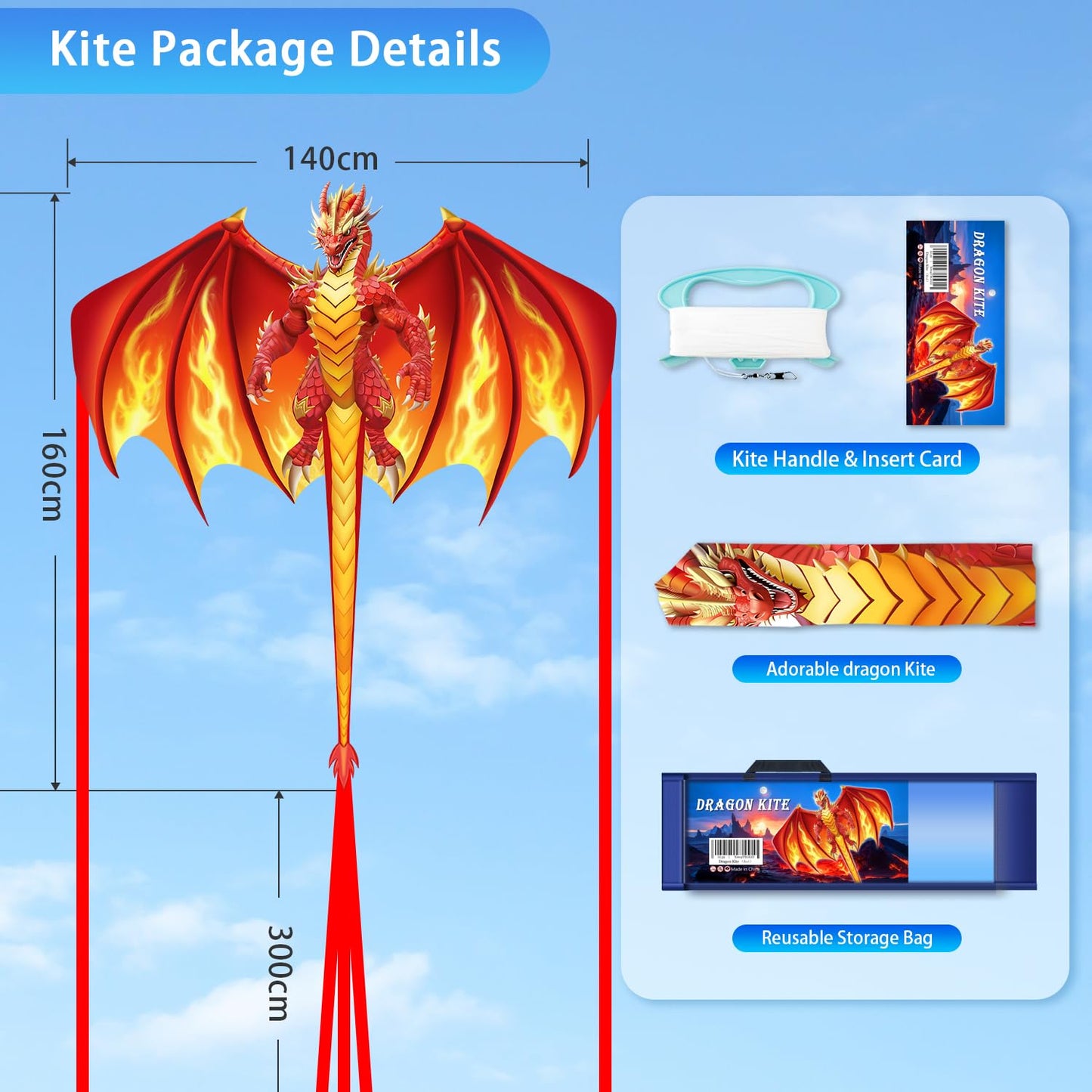YFAFENGS Large Red Fire Dragon Kite for Kids & Adults Easy to Fly Kite, Perfect for Holiday Fun, Outdoor Activities, Beach & Park Play, Ideal Gift for Dragon Lovers on Christmas/Birthday