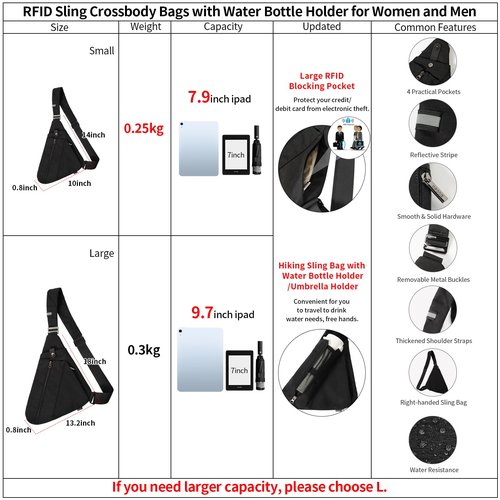 OSOCE Sling Bag for Men,RFID Crossbody Hiking Backpack Chest Shoulder Tactical Bag with Water Bottle Bag for Travel (Black, Small)