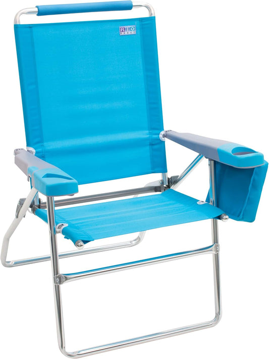 Rio Brands 17" Extended Height 4-Position Folding Beach, Camping, Lawn Chair, Blue/White/Green