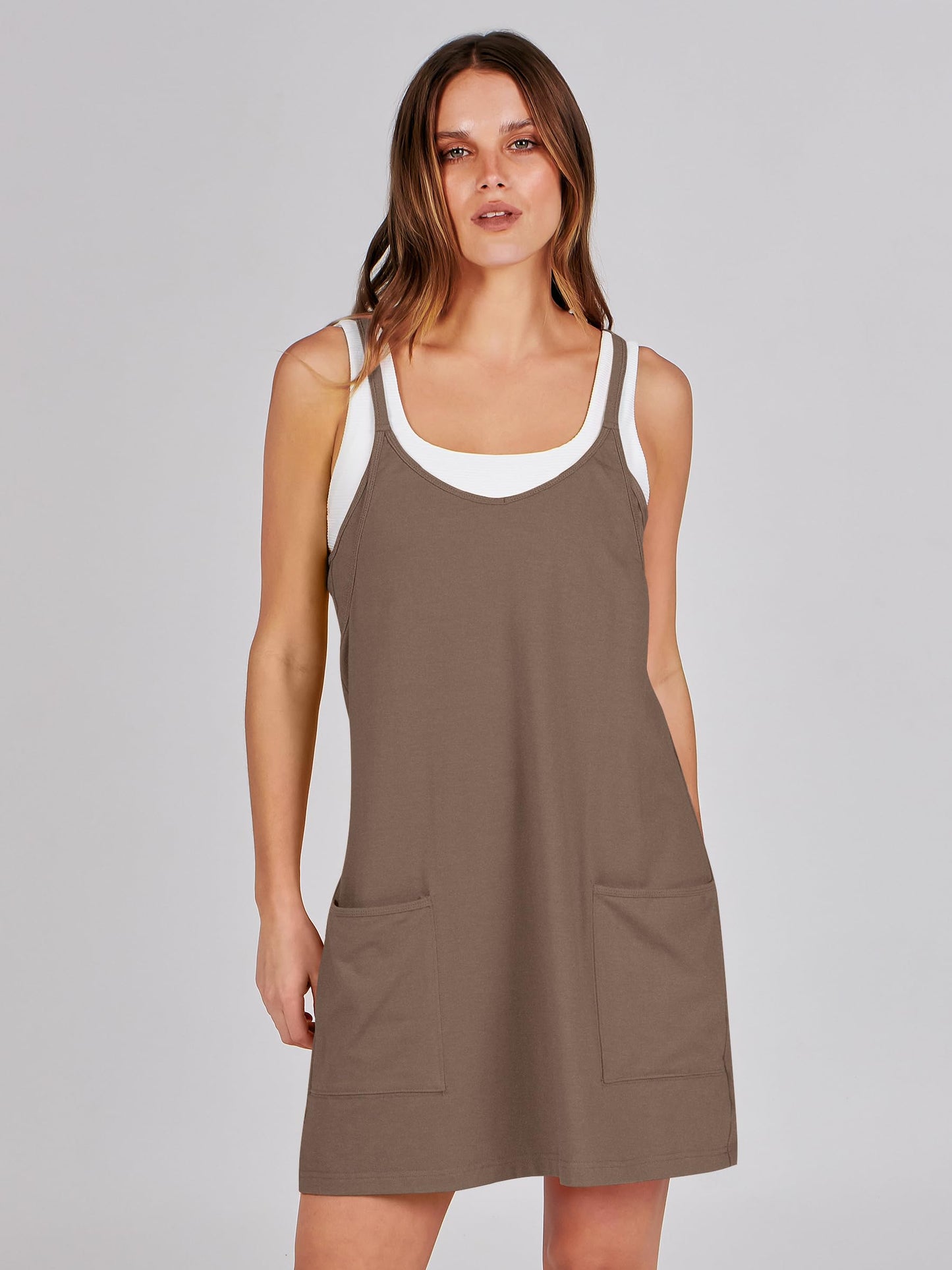 ANRABESS Women Athletic Dress Summer Tennis Workout Active Sports Mini Romper Dress Built in Shorts Travel Vacation Clothes Coffee X-Large