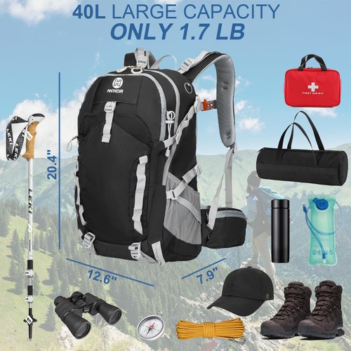 NEHOR Hiking Backpack, 40L Lightweight Camping Backpack with Rain Cover, Water Resistant Large Hiking Bag Outdoor Travel Daypack for Men Women, Black
